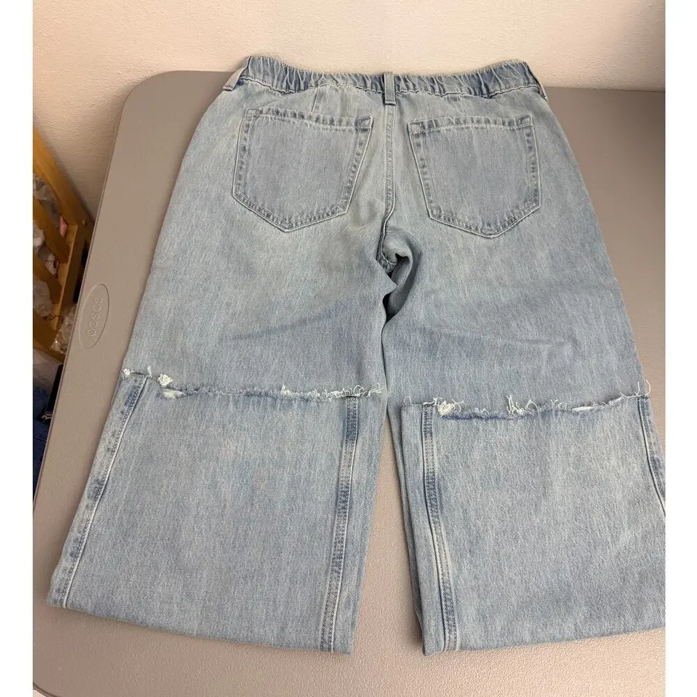 Hollister Low Rise Baggy Jeans M Short Light Wash Wide Leg Raw Hem